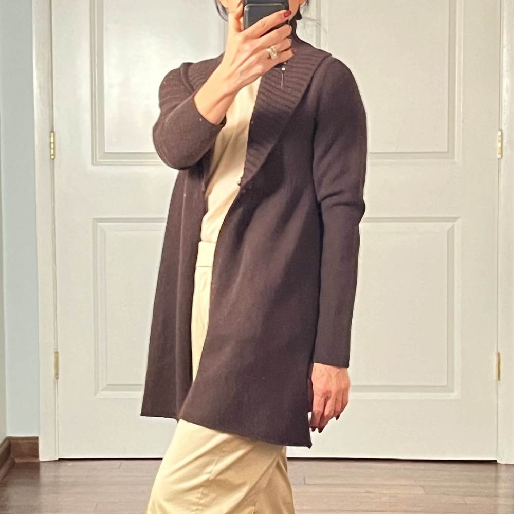 Lord & Taylor chocolate brown longline shawl collar cardigan size S - Picture 3 of 10